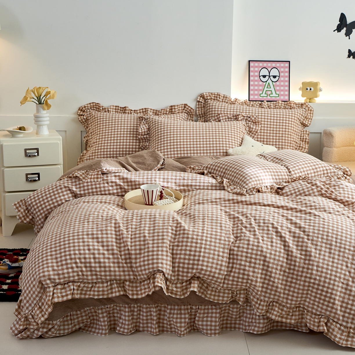 91家纺网 家纺一手货源 找家纺 珂博家纺 2025新款韩版花边四件套纯棉全棉水洗棉四件套 咖小格