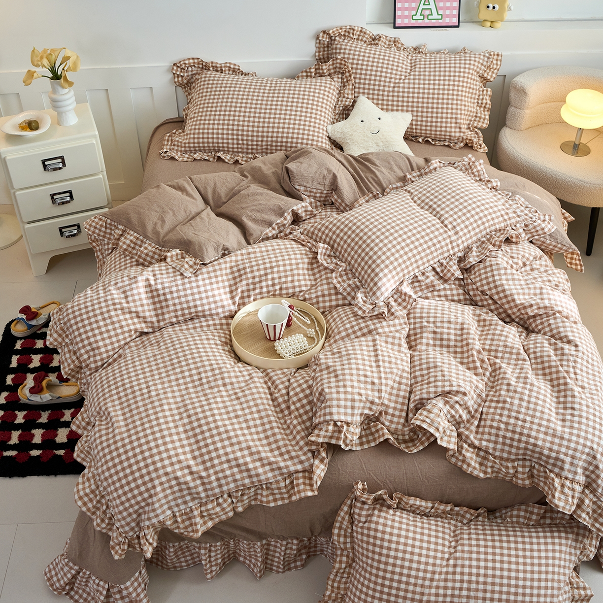 91家纺网 家纺一手货源 找家纺 珂博家纺 2025新款韩版花边四件套纯棉全棉水洗棉四件套 咖小格