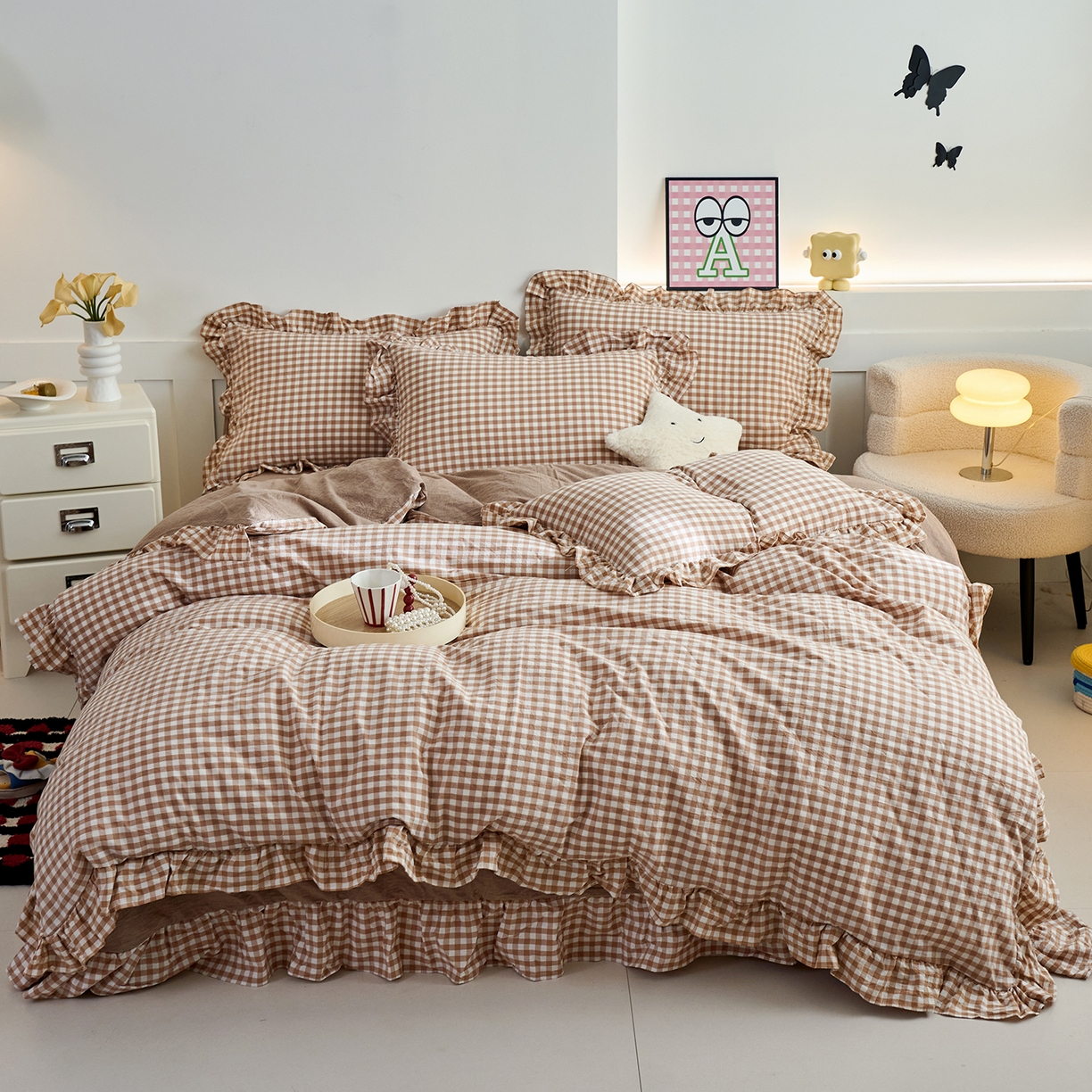 91家纺网 家纺一手货源 找家纺 珂博家纺 2025新款韩版花边四件套纯棉全棉水洗棉四件套 咖小格