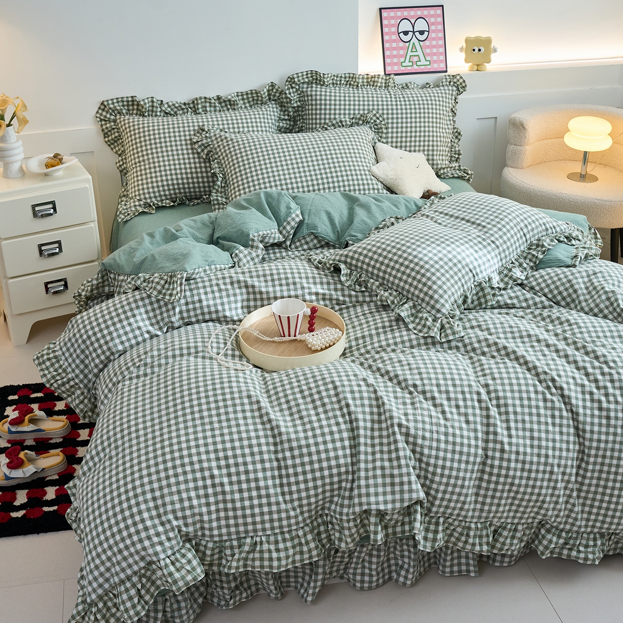 91家纺网 家纺一手货源 找家纺 珂博家纺 2025新款韩版花边四件套纯棉全棉水洗棉四件套 绿小格