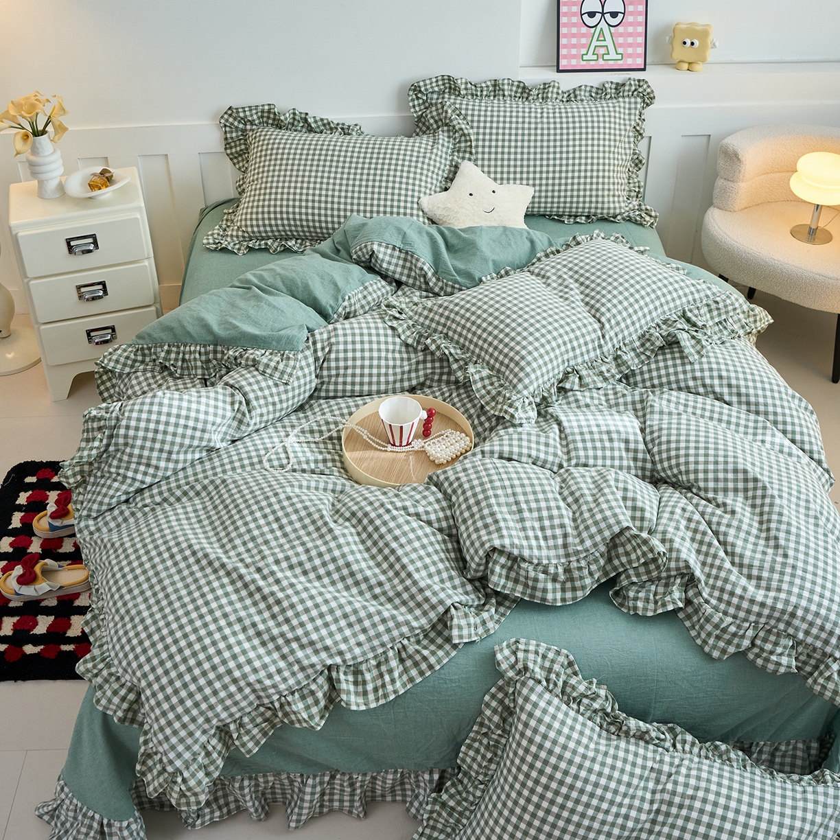 91家纺网 家纺一手货源 找家纺 珂博家纺 2025新款韩版花边四件套纯棉全棉水洗棉四件套 绿小格