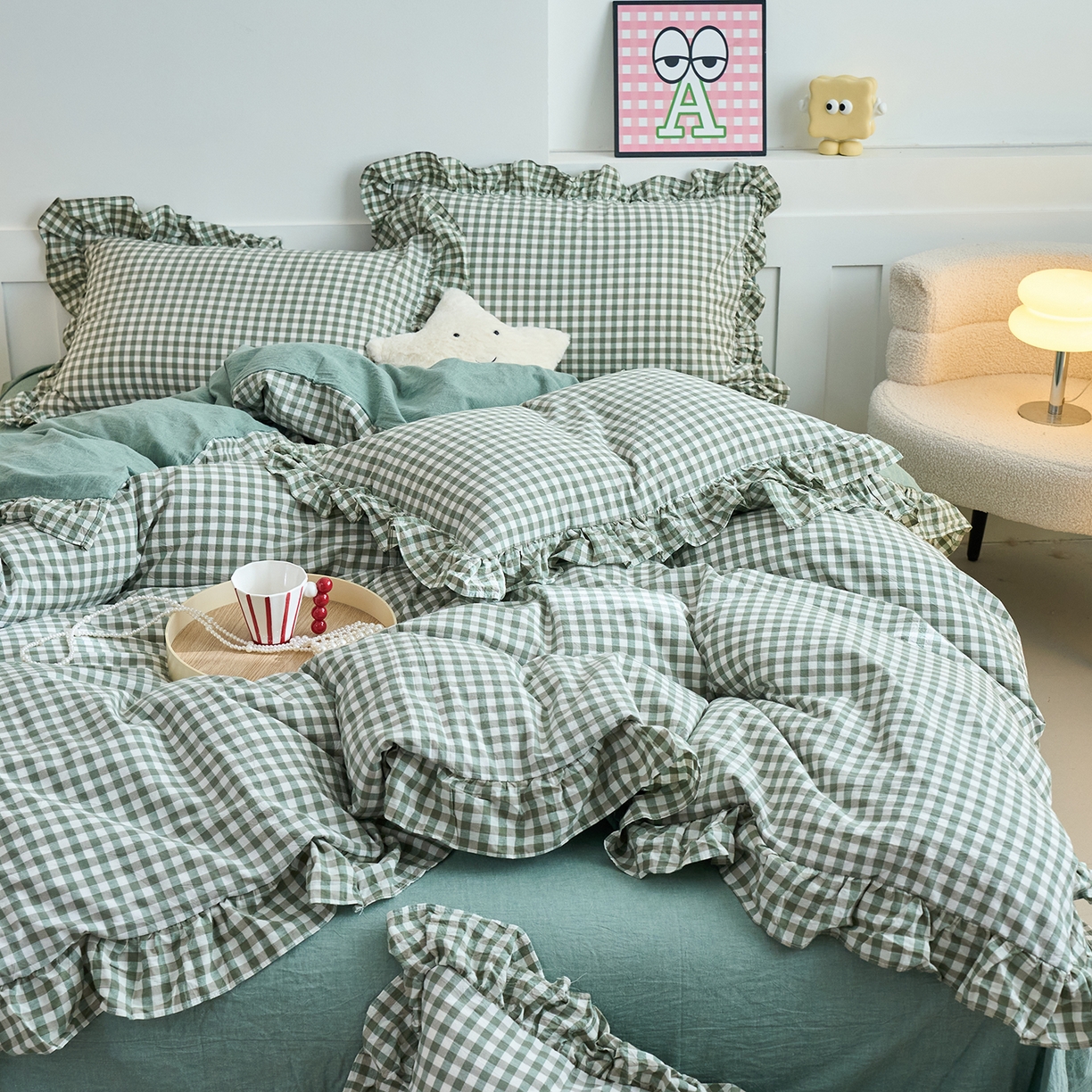 91家纺网 家纺一手货源 找家纺 珂博家纺 2025新款韩版花边四件套纯棉全棉水洗棉四件套 绿小格