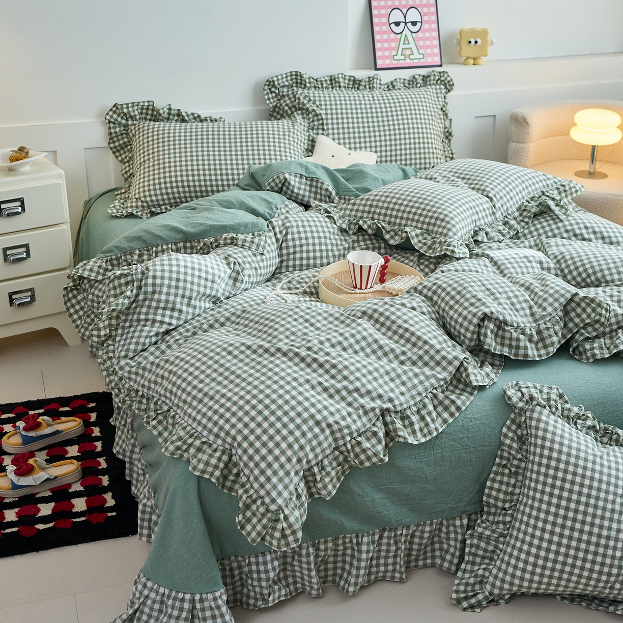 91家纺网 家纺一手货源 找家纺 珂博家纺 2025新款韩版花边四件套纯棉全棉水洗棉四件套 绿小格