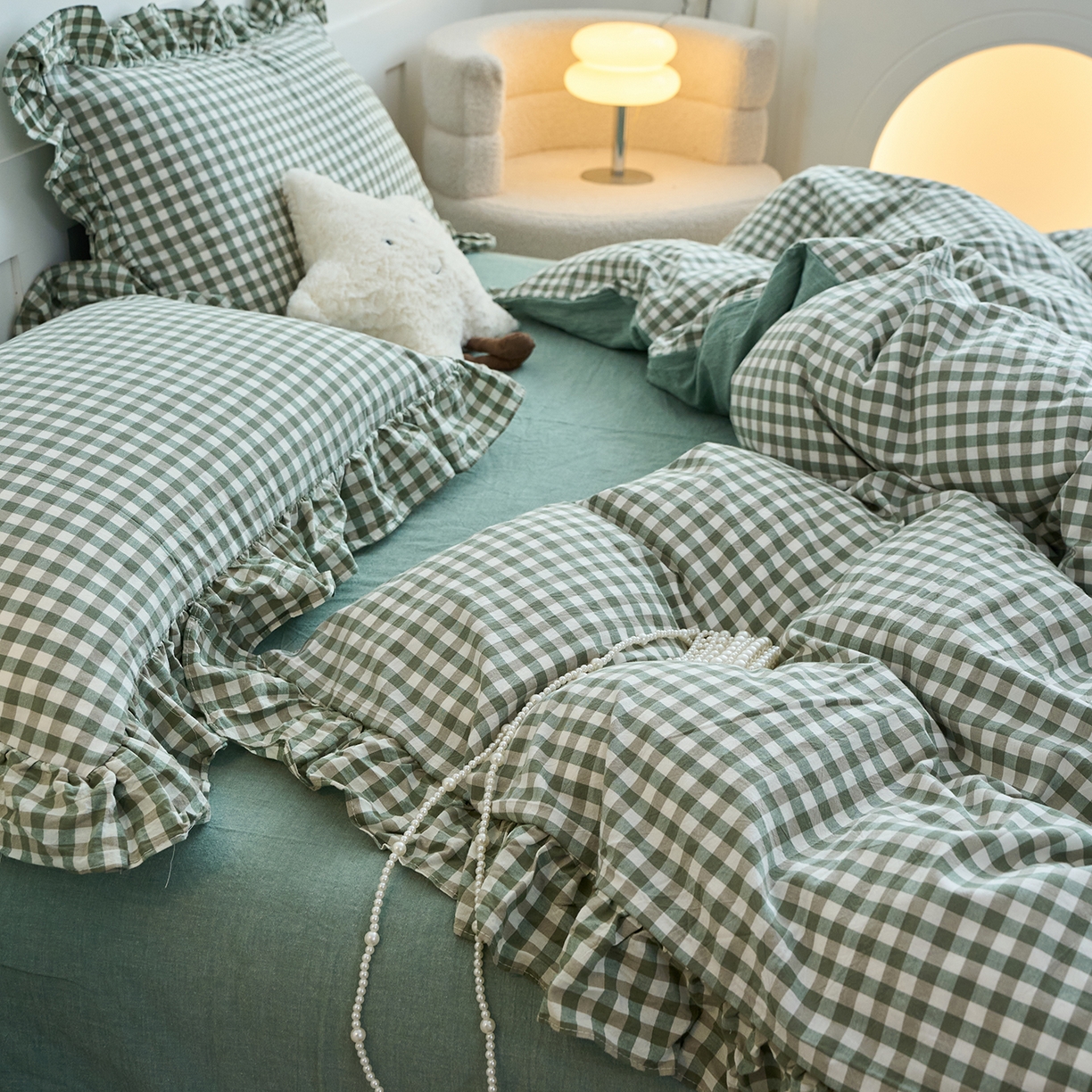 91家纺网 家纺一手货源 找家纺 珂博家纺 2025新款韩版花边四件套纯棉全棉水洗棉四件套 绿小格