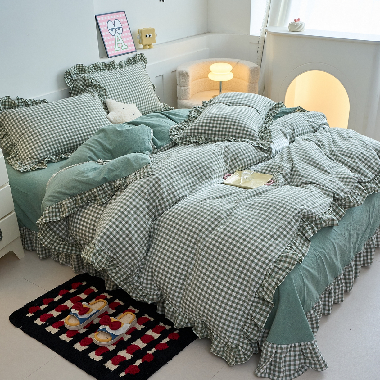 91家纺网 家纺一手货源 找家纺 珂博家纺 2025新款韩版花边四件套纯棉全棉水洗棉四件套 绿小格