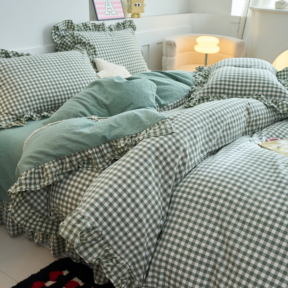 91家纺网 家纺一手货源 找家纺 珂博家纺 2025新款韩版花边四件套纯棉全棉水洗棉四件套 绿小格