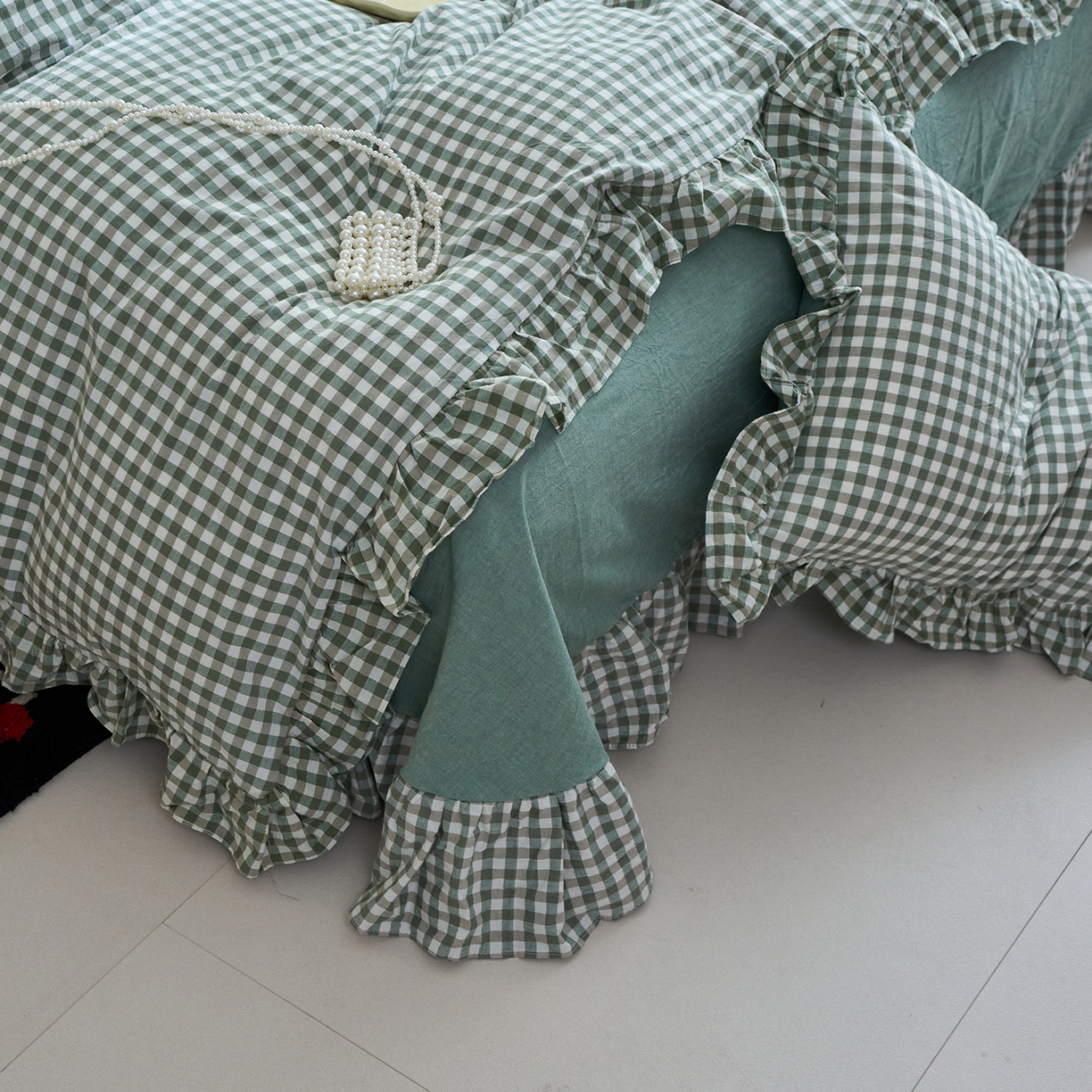 91家纺网 家纺一手货源 找家纺 珂博家纺 2025新款韩版花边四件套纯棉全棉水洗棉四件套 绿小格