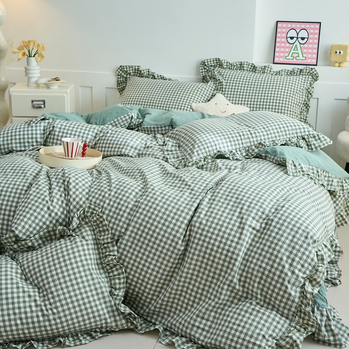 91家纺网 家纺一手货源 找家纺 珂博家纺 2025新款韩版花边四件套纯棉全棉水洗棉四件套 绿小格