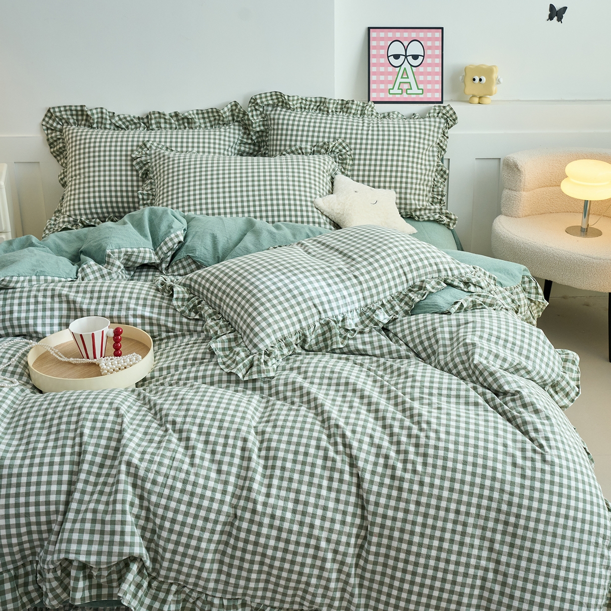 91家纺网 家纺一手货源 找家纺 珂博家纺 2025新款韩版花边四件套纯棉全棉水洗棉四件套 绿小格