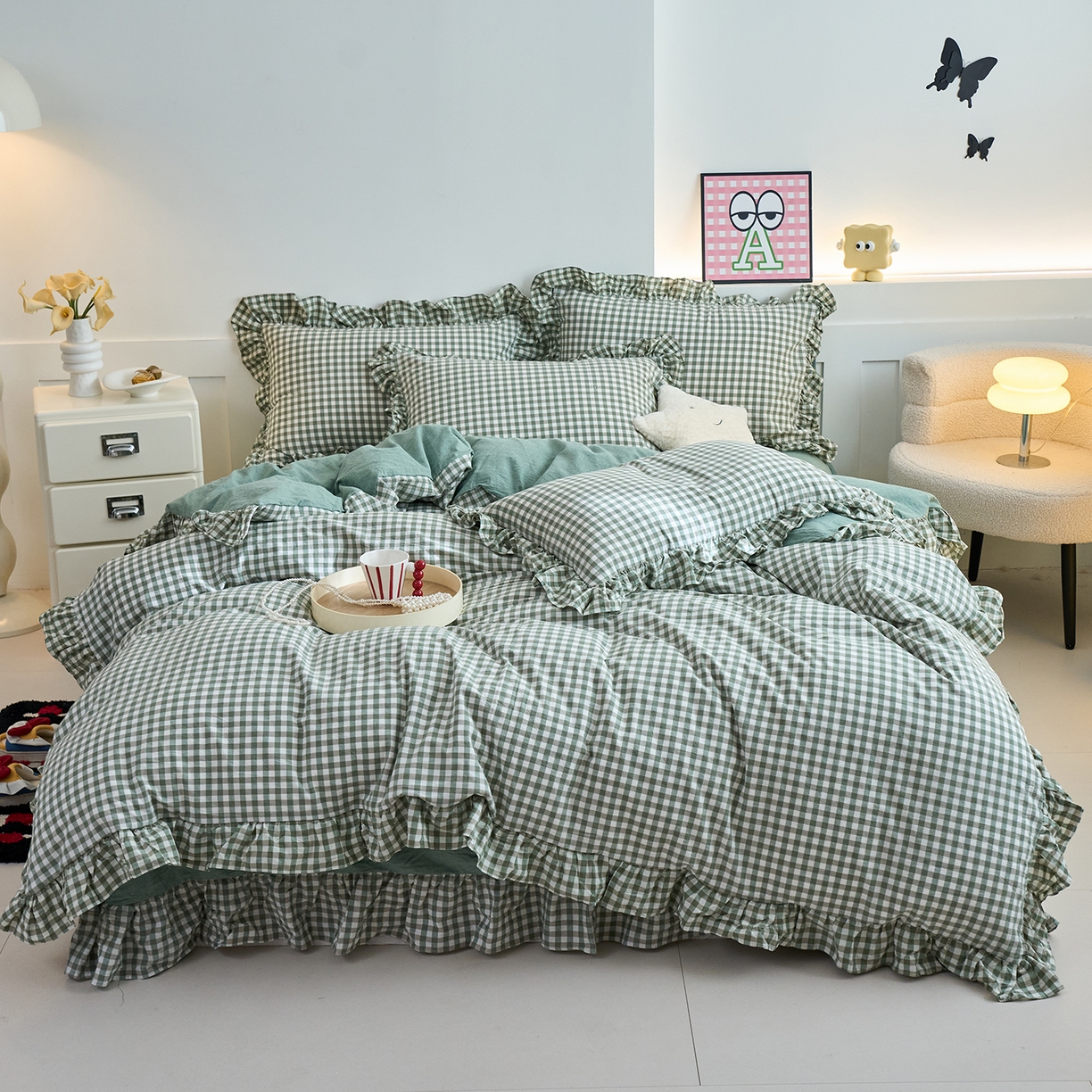 91家纺网 家纺一手货源 找家纺 珂博家纺 2025新款韩版花边四件套纯棉全棉水洗棉四件套 绿小格