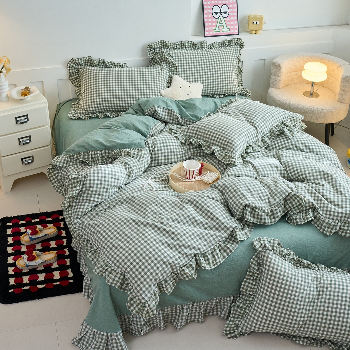 91家纺网 家纺一手货源 找家纺 珂博家纺 2025新款韩版花边四件套纯棉全棉水洗棉四件套 绿小格