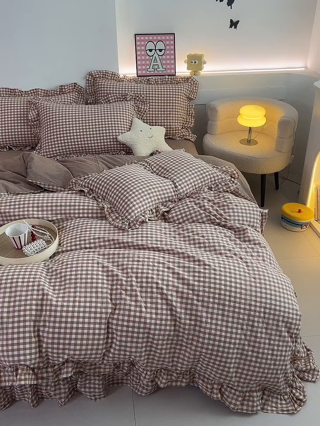 91家纺网 家纺一手货源 找家纺 珂博家纺 2025新款韩版花边四件套纯棉全棉水洗棉四件套 咖小格