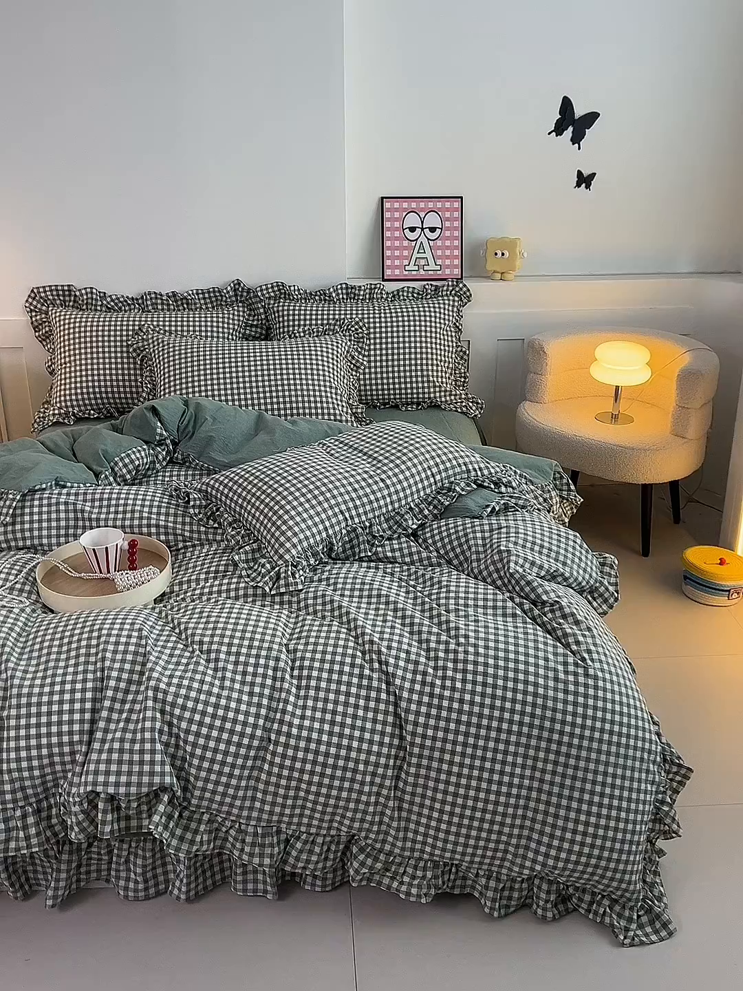 91家纺网 家纺一手货源 找家纺 珂博家纺 2025新款韩版花边四件套纯棉全棉水洗棉四件套 绿小格