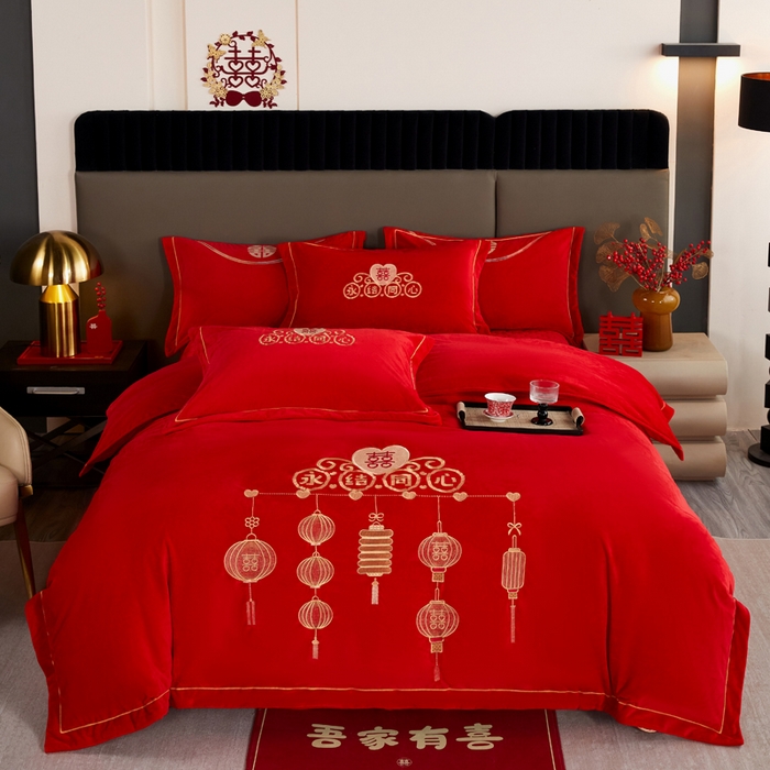 91家纺网 家纺一手货源 找家纺 （总）默忆 2025新款婴儿绒刺绣婚庆四件套