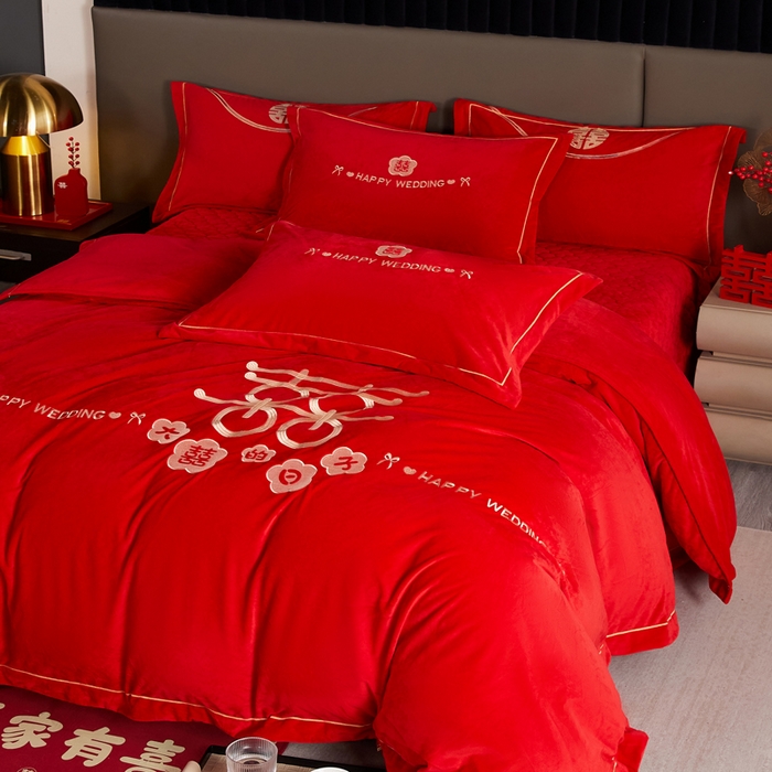 91家纺网 家纺一手货源 找家纺 默忆 2025新款婴儿绒刺绣婚庆四件套 情定一生