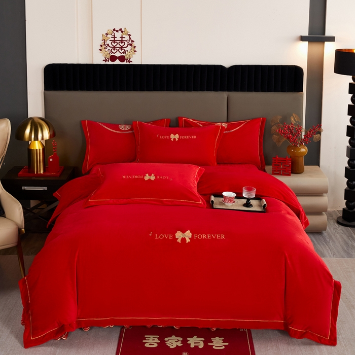 默忆 2025新款婴儿绒刺绣婚庆四件套 蝴蝶结