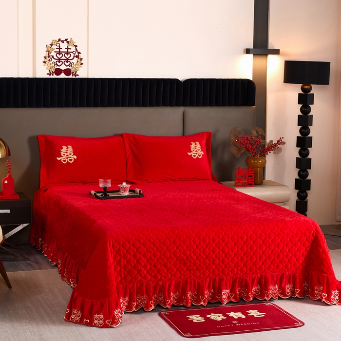 91家纺网 家纺一手货源 找家纺 默忆 2025新款婴儿绒刺绣婚庆四件套 家家有喜