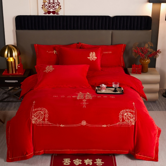 91家纺网 家纺一手货源 找家纺 （总）默忆 2025新款婴儿绒刺绣婚庆四件套