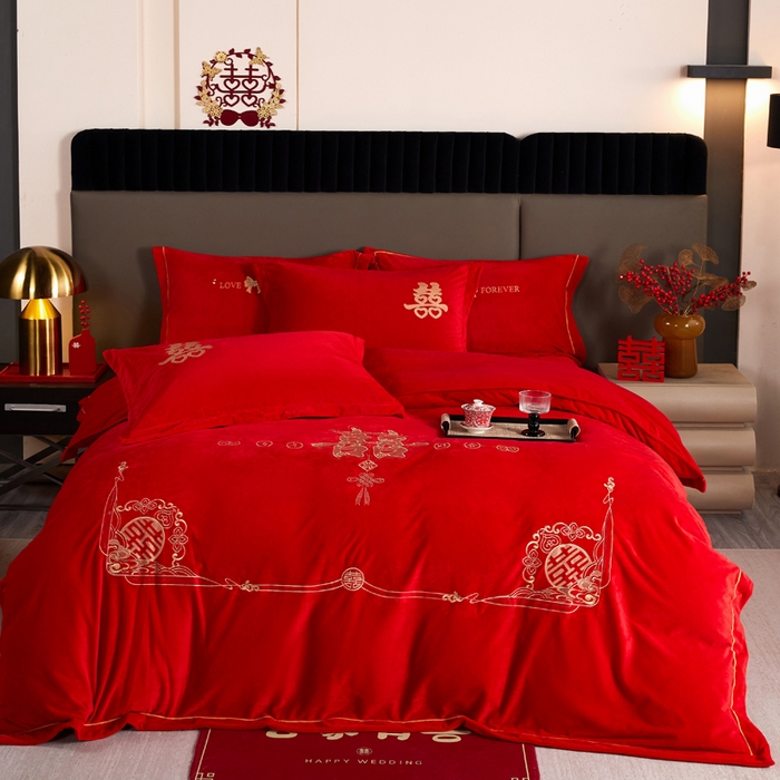 91家纺网 家纺一手货源 找家纺 默忆 2025新款婴儿绒刺绣婚庆四件套 家家有喜