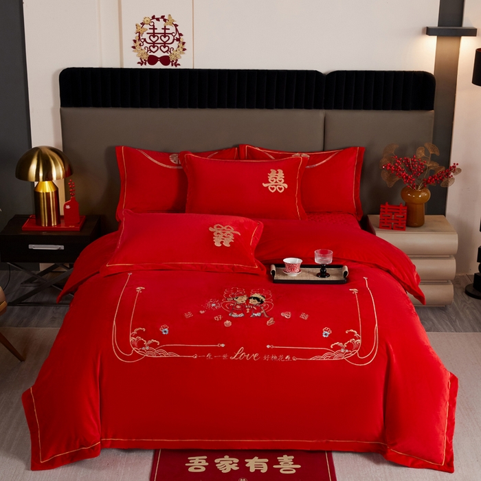 91家纺网 家纺一手货源 找家纺 （总）默忆 2025新款婴儿绒刺绣婚庆四件套