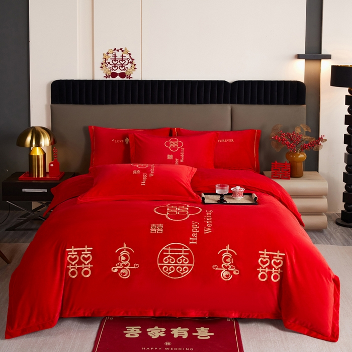 91家纺网 家纺一手货源 找家纺 （总）默忆 2025新款婴儿绒刺绣婚庆四件套