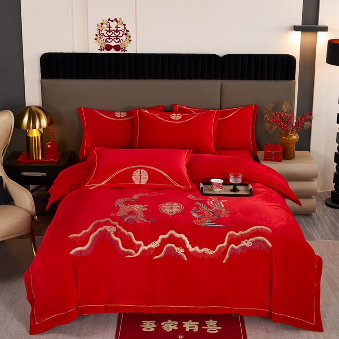 91家纺网 家纺一手货源 找家纺 （总）默忆 2025新款婴儿绒刺绣婚庆四件套