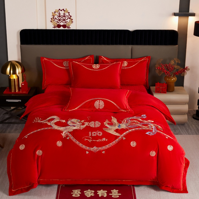 默忆 2025新款婴儿绒刺绣婚庆四件套 龙凤蜜语