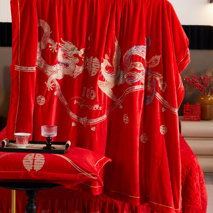 91家纺网 家纺一手货源 找家纺 默忆 2025新款婴儿绒刺绣婚庆四件套 龙凤蜜语