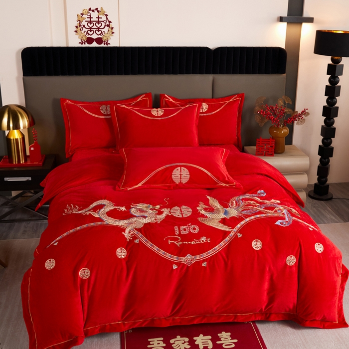 91家纺网 家纺一手货源 找家纺 默忆 2025新款婴儿绒刺绣婚庆四件套 龙凤蜜语