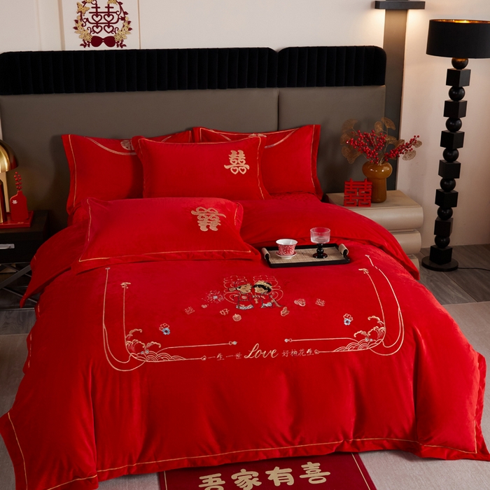 91家纺网 家纺一手货源 找家纺 默忆 2025新款婴儿绒刺绣婚庆四件套 好事发生