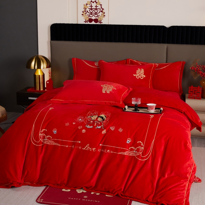 91家纺网 家纺一手货源 找家纺 默忆 2025新款婴儿绒刺绣婚庆四件套 好事发生