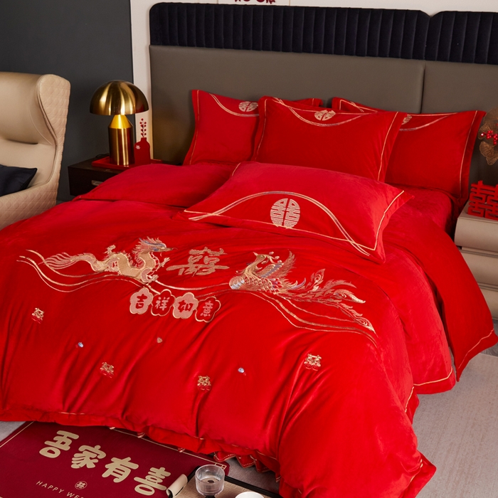 91家纺网 家纺一手货源 找家纺 默忆 2025新款婴儿绒刺绣婚庆四件套 吉祥如意