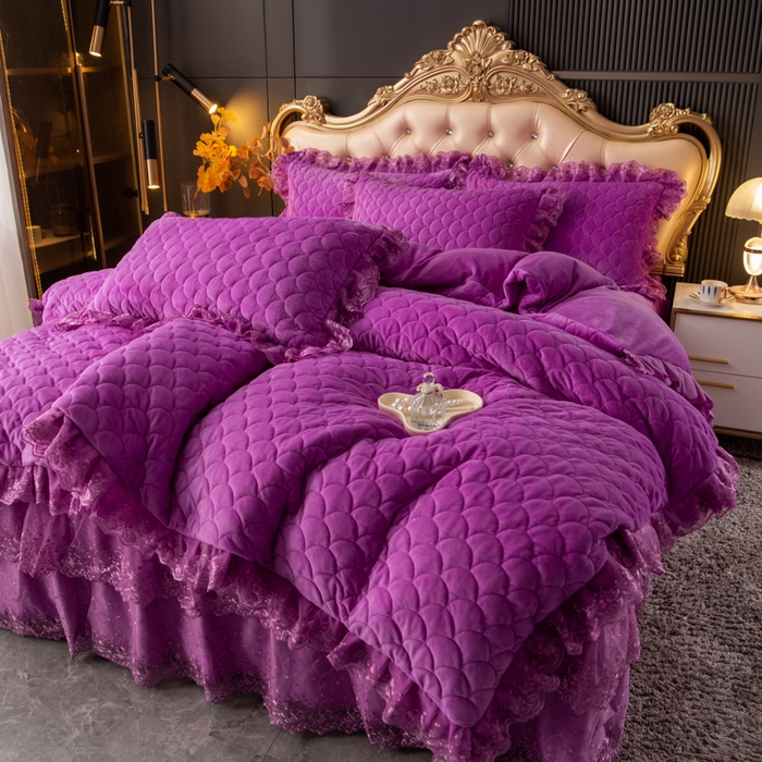 91家纺网 家纺一手货源 找家纺 默忆 2025新款宝宝绒蕾丝刺绣花边四件套 水晶紫