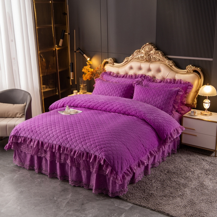 91家纺网 家纺一手货源 找家纺 默忆 2025新款宝宝绒蕾丝刺绣花边四件套 水晶紫