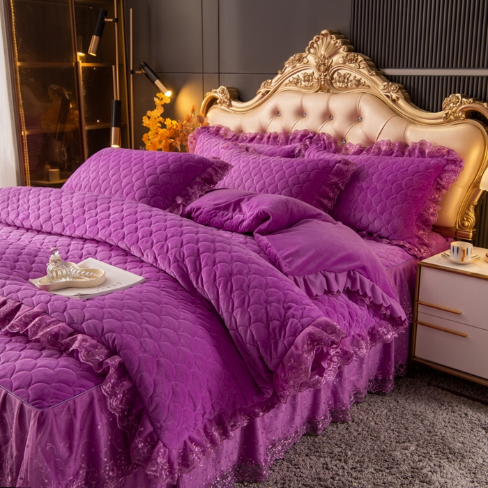 91家纺网 家纺一手货源 找家纺 默忆 2025新款宝宝绒蕾丝刺绣花边四件套 水晶紫