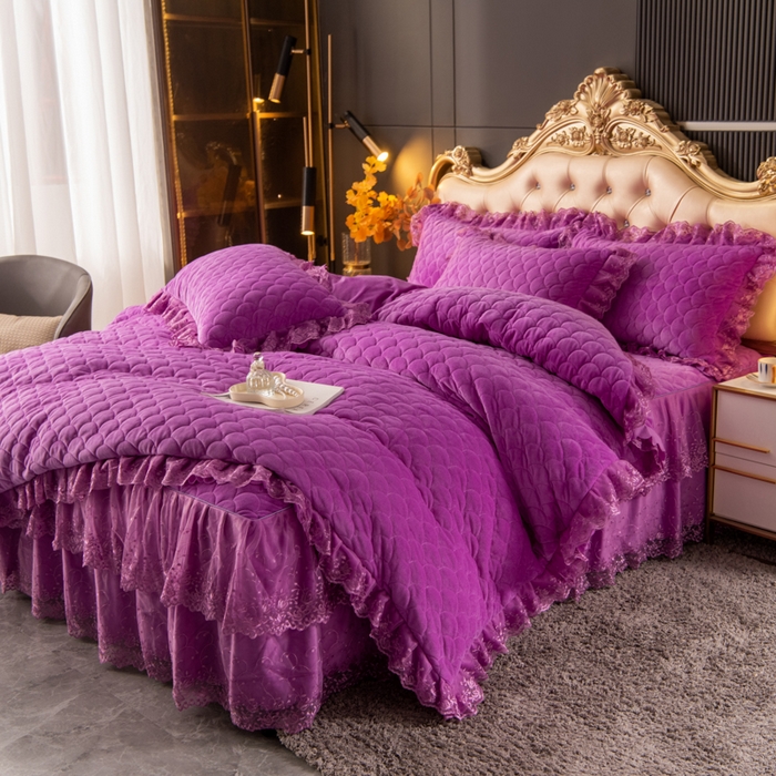 91家纺网 家纺一手货源 找家纺 默忆 2025新款宝宝绒蕾丝刺绣花边四件套 水晶紫