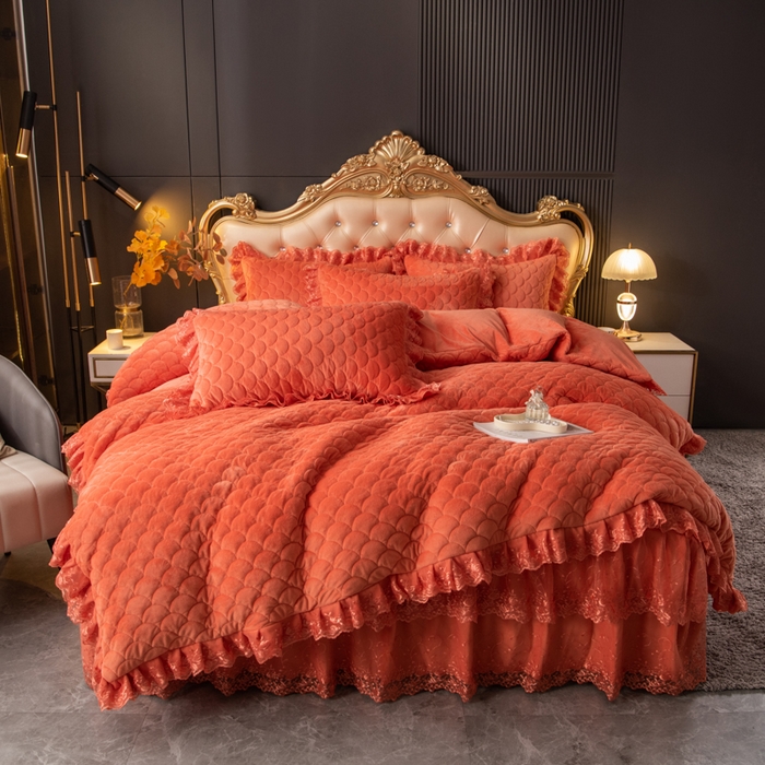 默忆 2025新款宝宝绒蕾丝刺绣花边四件套 秋日橙