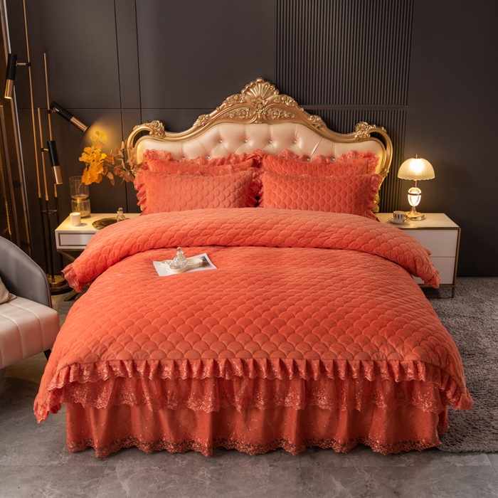 91家纺网 家纺一手货源 找家纺 默忆 2025新款宝宝绒蕾丝刺绣花边四件套 秋日橙