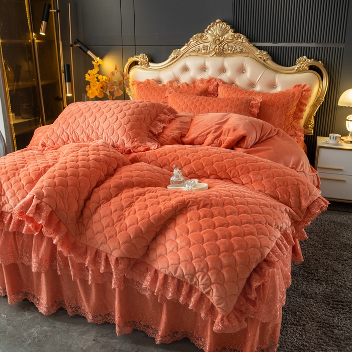 91家纺网 家纺一手货源 找家纺 默忆 2025新款宝宝绒蕾丝刺绣花边四件套 秋日橙