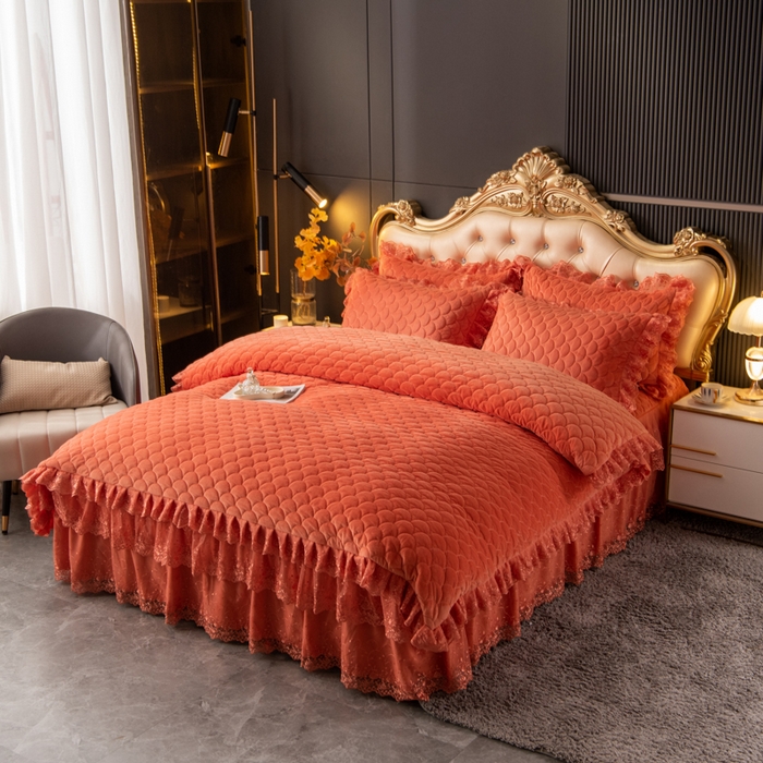 91家纺网 家纺一手货源 找家纺 默忆 2025新款宝宝绒蕾丝刺绣花边四件套 秋日橙