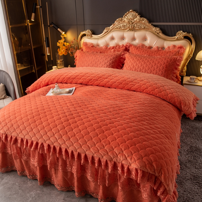 91家纺网 家纺一手货源 找家纺 默忆 2025新款宝宝绒蕾丝刺绣花边四件套 秋日橙