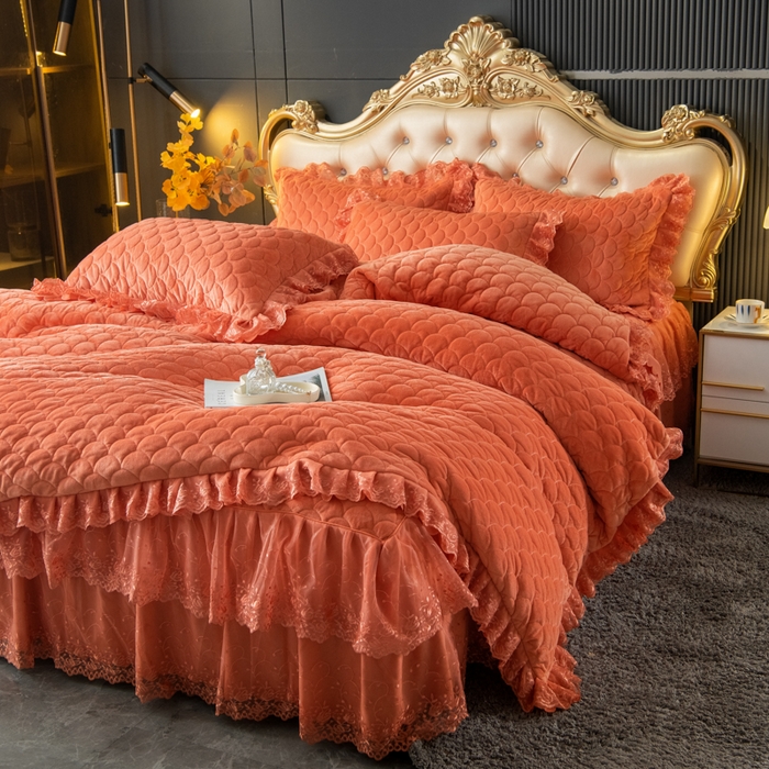 91家纺网 家纺一手货源 找家纺 默忆 2025新款宝宝绒蕾丝刺绣花边四件套 秋日橙