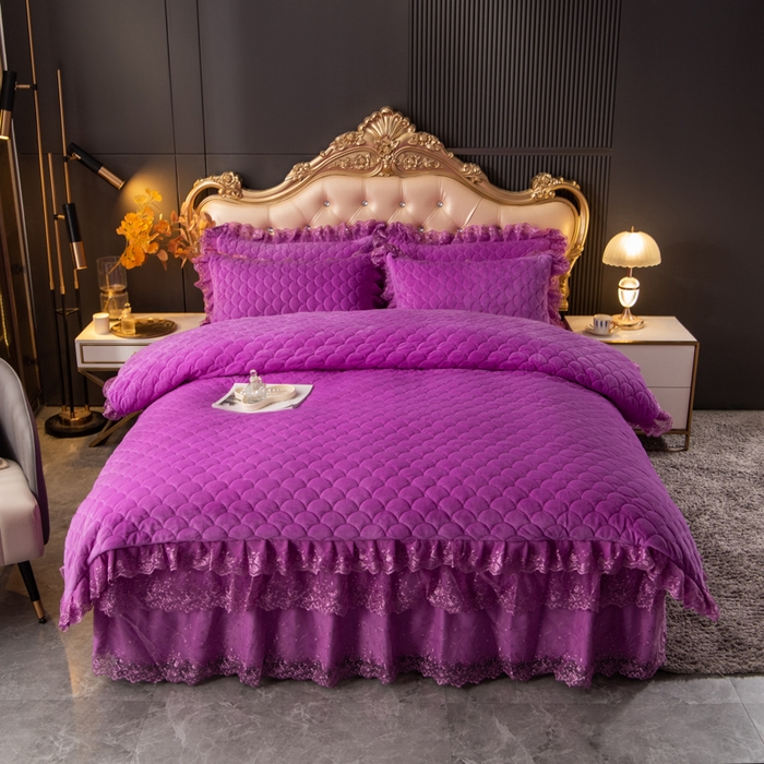 91家纺网 家纺一手货源 找家纺 默忆 2025新款宝宝绒蕾丝刺绣花边四件套 水晶紫