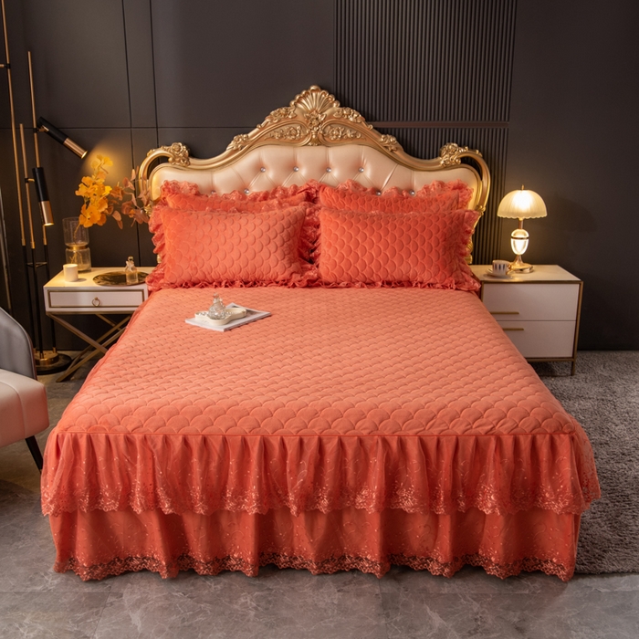 91家纺网 家纺一手货源 找家纺 默忆 2025新款宝宝绒蕾丝刺绣花边四件套 秋日橙