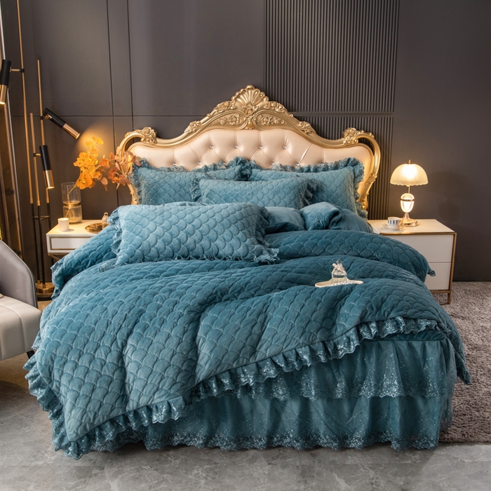 默忆 2025新款宝宝绒蕾丝刺绣花边四件套 云雾蓝