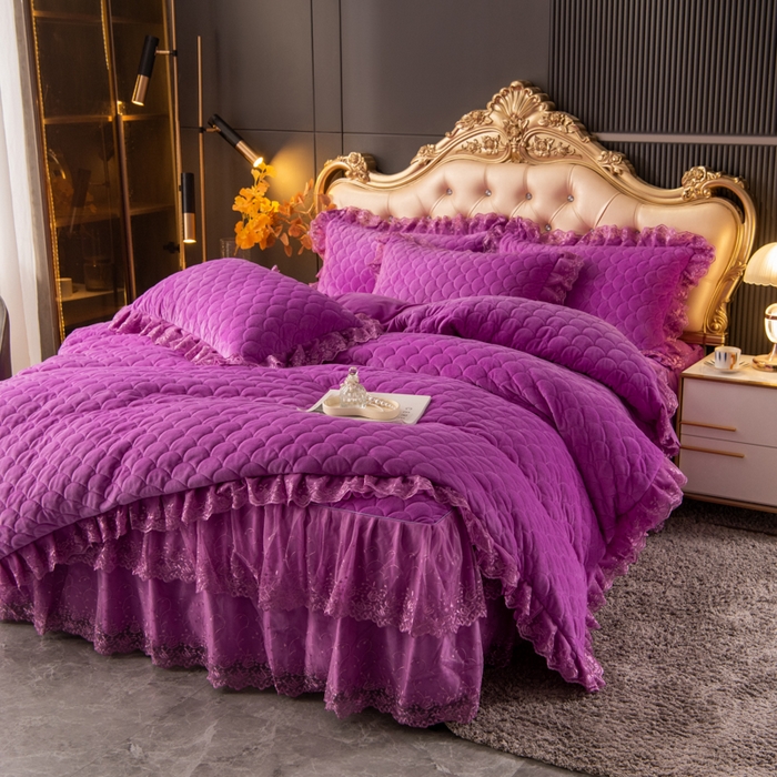 91家纺网 家纺一手货源 找家纺 默忆 2025新款宝宝绒蕾丝刺绣花边四件套 水晶紫