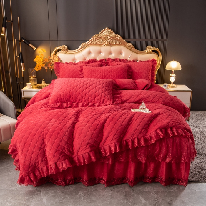 91家纺网 家纺一手货源 找家纺 （总）默忆 2025新款宝宝绒蕾丝刺绣花边四件套