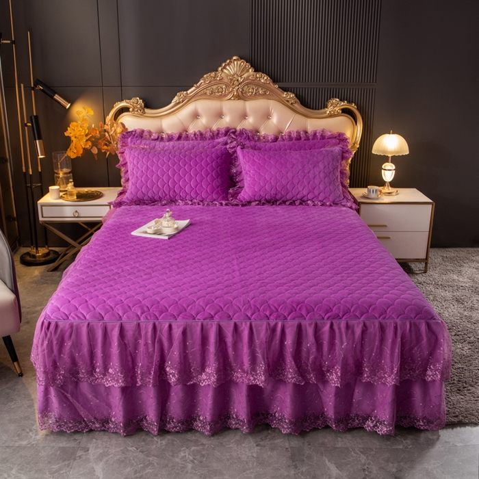 91家纺网 家纺一手货源 找家纺 默忆 2025新款宝宝绒蕾丝刺绣花边四件套 水晶紫