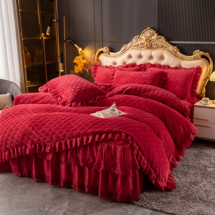 91家纺网 家纺一手货源 找家纺 默忆 2025新款宝宝绒蕾丝刺绣花边四件套 珊瑚红