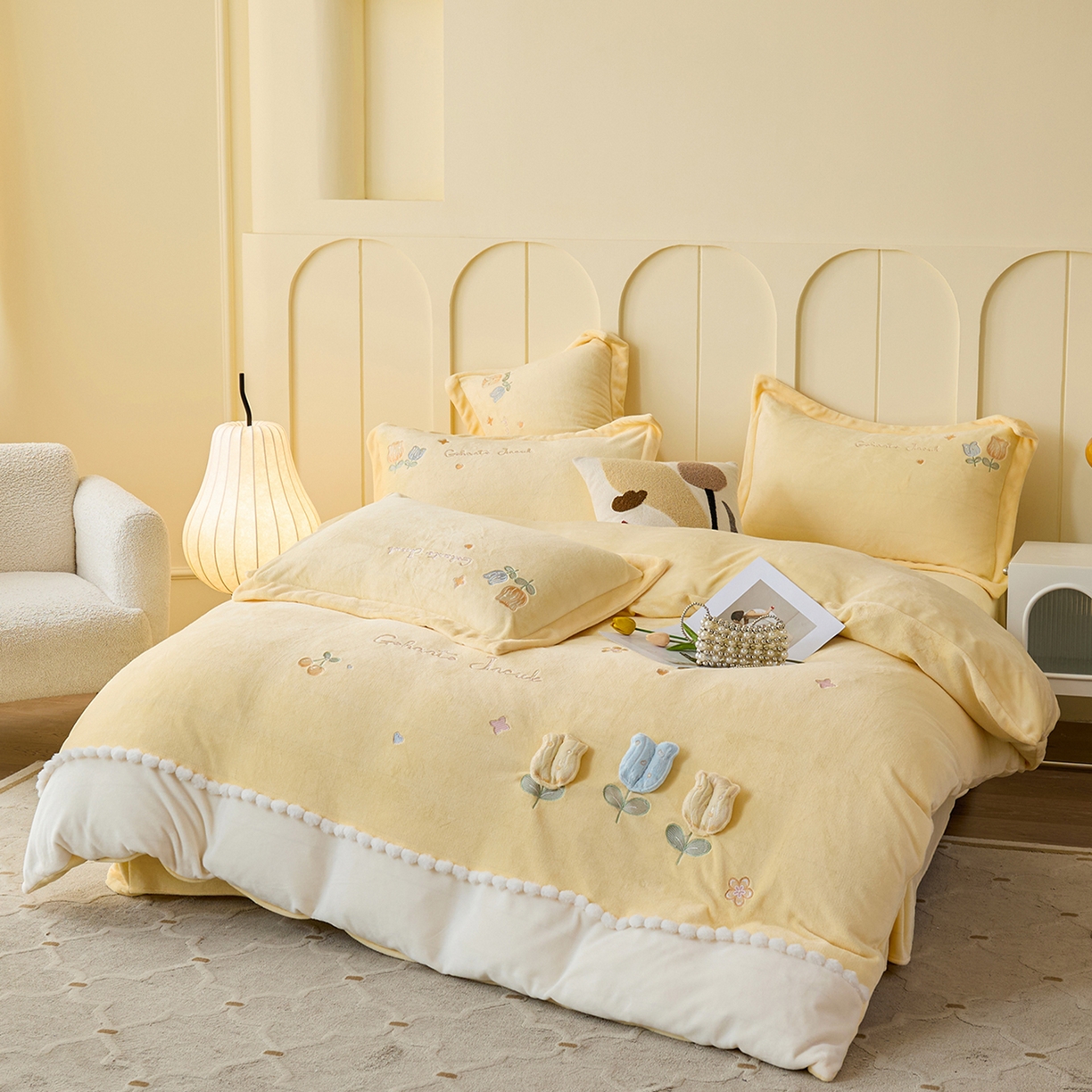 91家纺网 家纺一手货源 找家纺 卡初家居（原微来） 2025新款秋冬亲肤牛奶绒绣花四件套-多喜系列 多喜-米黄